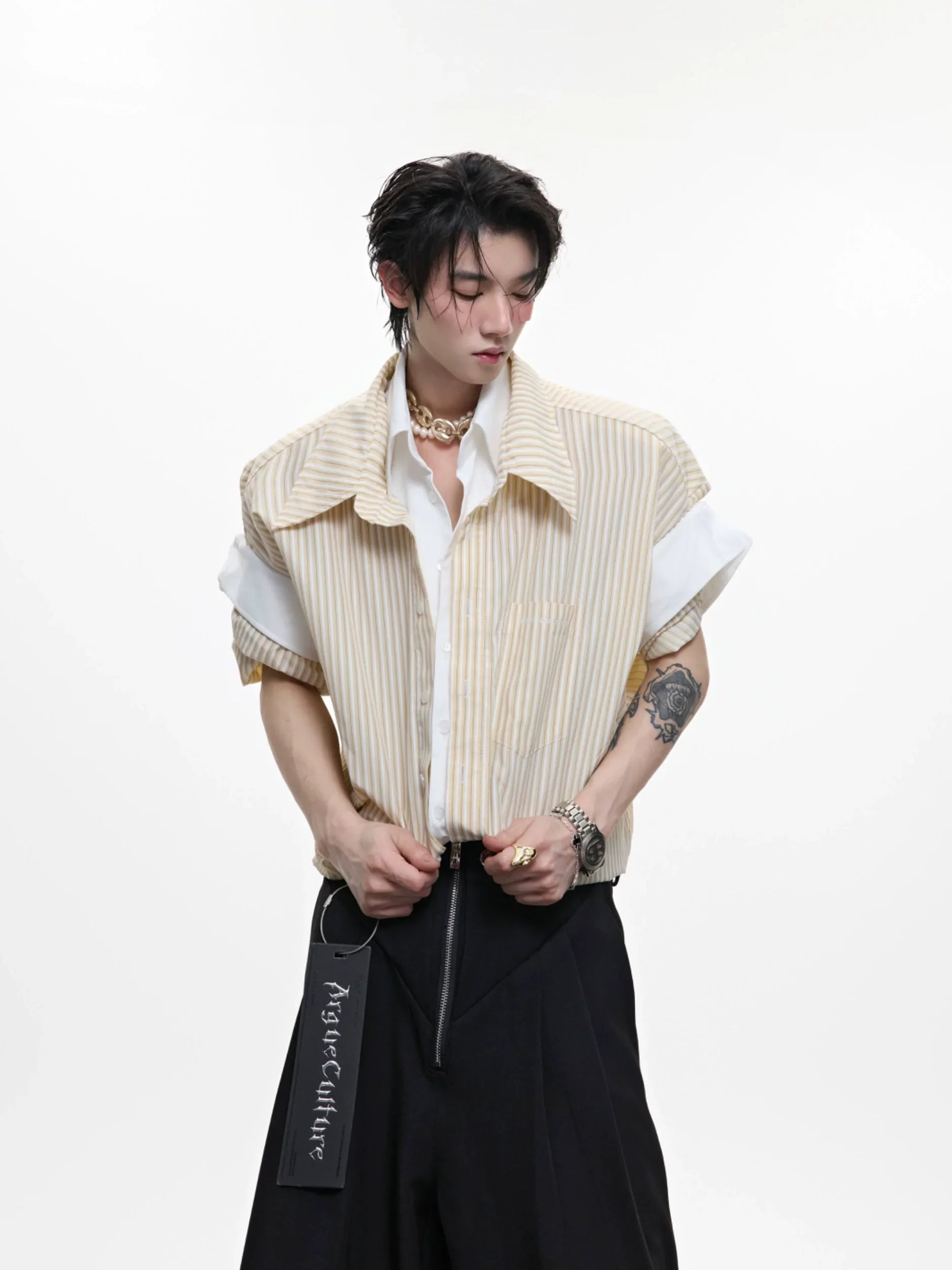 Stripe Fake Layered Short Sleeve Shirt