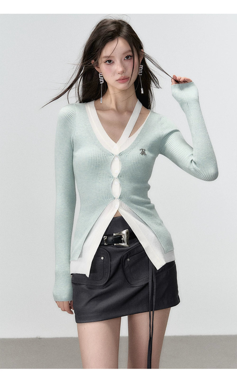 Fake Layered Long Sleeve Knit Cardigan