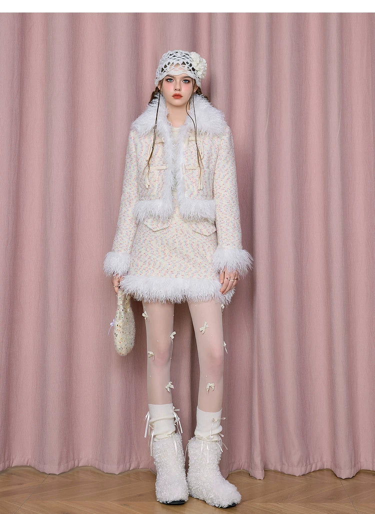Textured Fake Fur Short Skirt & Jacket Setup