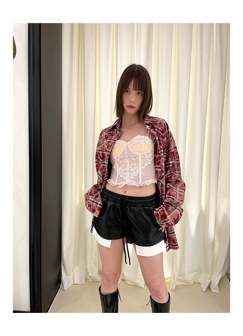 Checkered Washed Oversize Long Sleeve Shirt & Pleated Short Skirt Setup