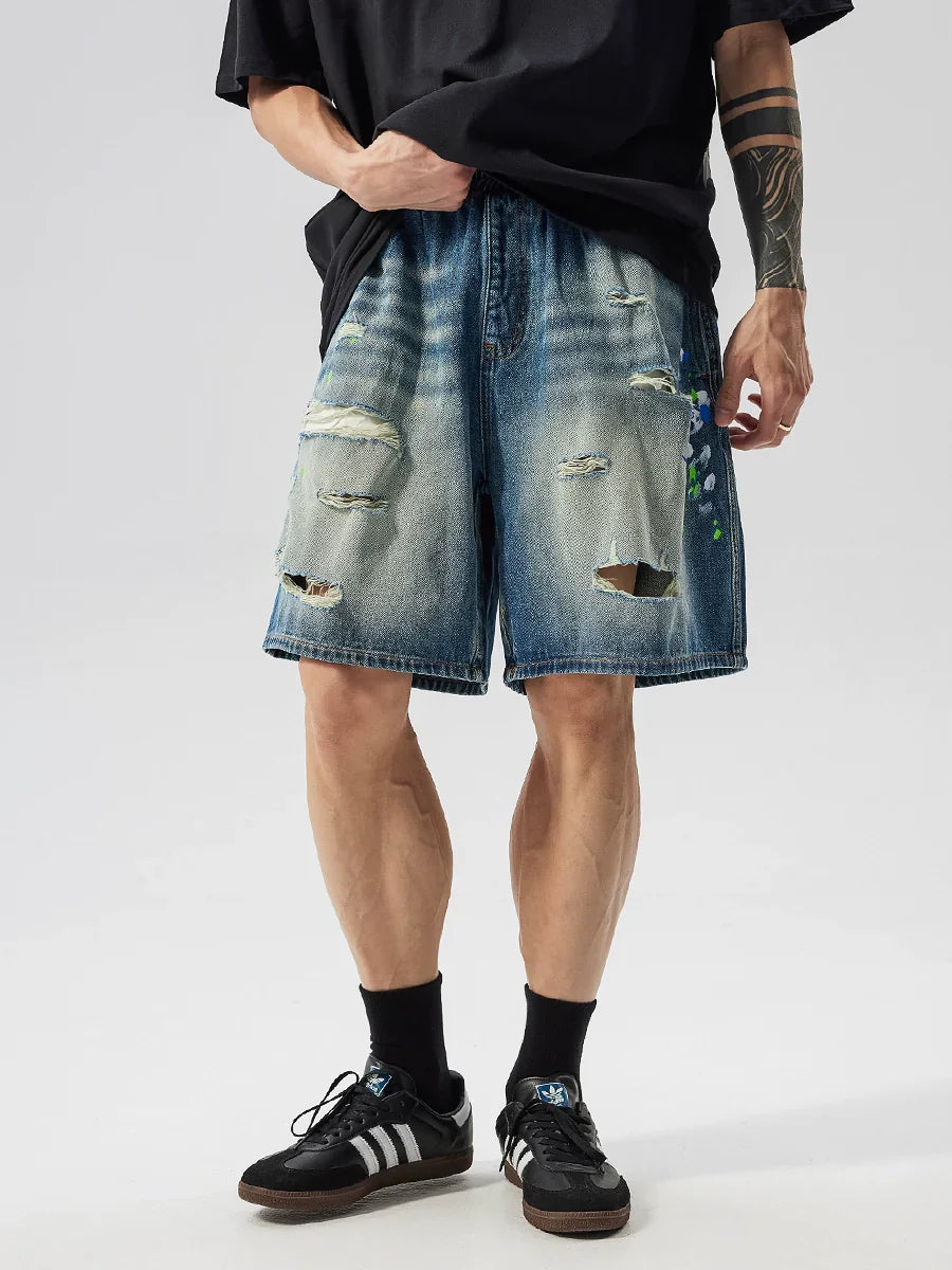 Raw Hem Damage Drawstring Washed Half Denim Jeans