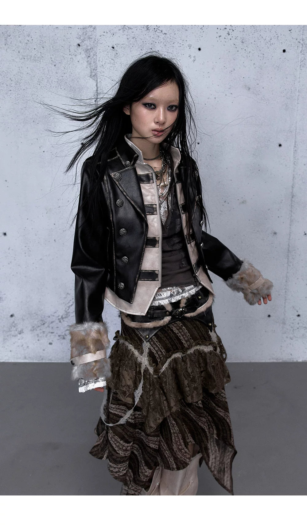 Standing-Collar Belt Detail Fake Fur Cuff PU Leather Jacket