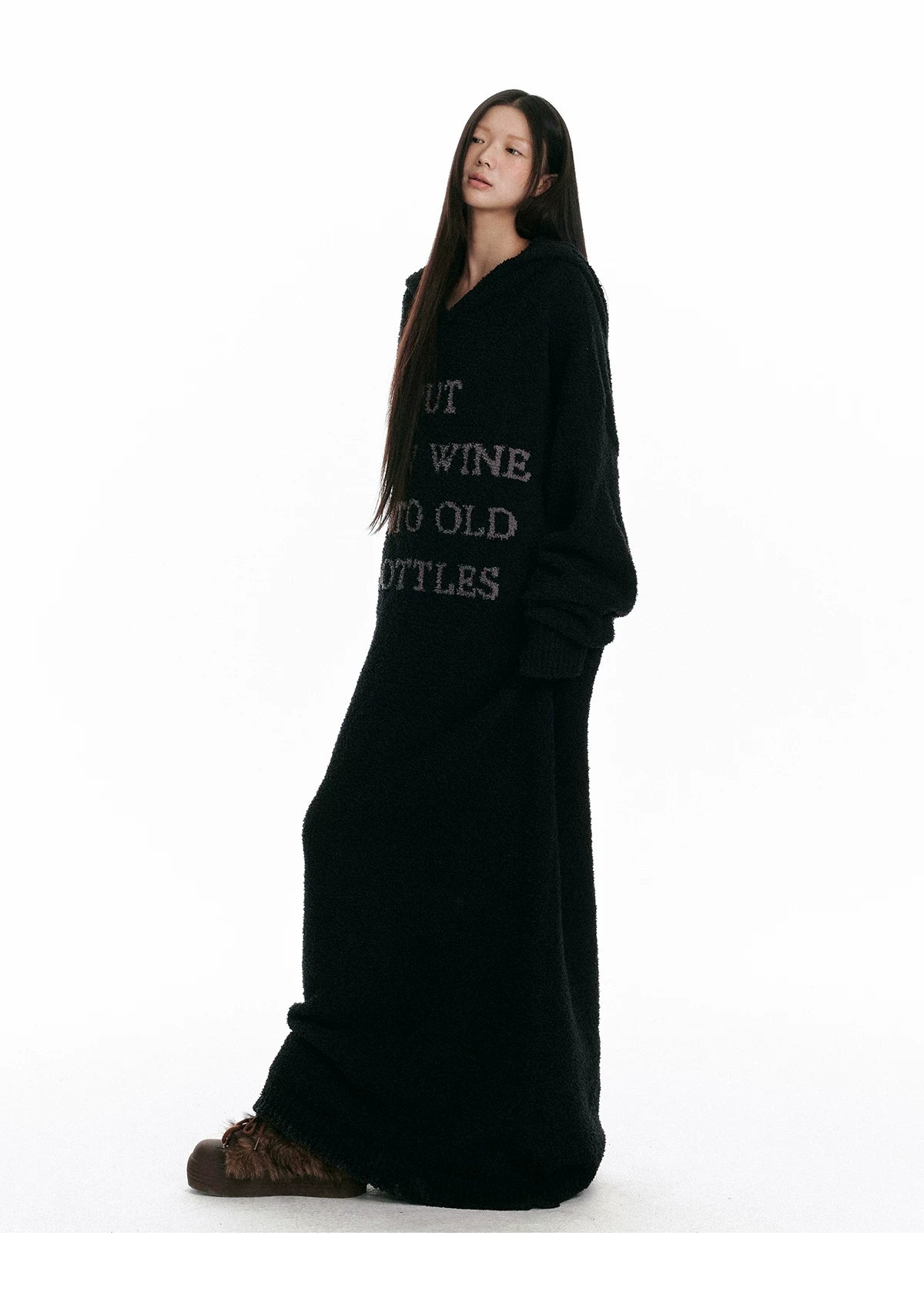 Fuzzy Hooded Knit Over-Knee Robe Dress