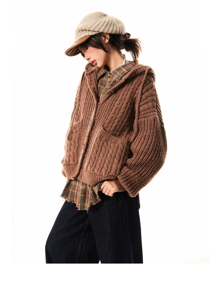 Hooded Button Oversize Cable Knit Cardigan