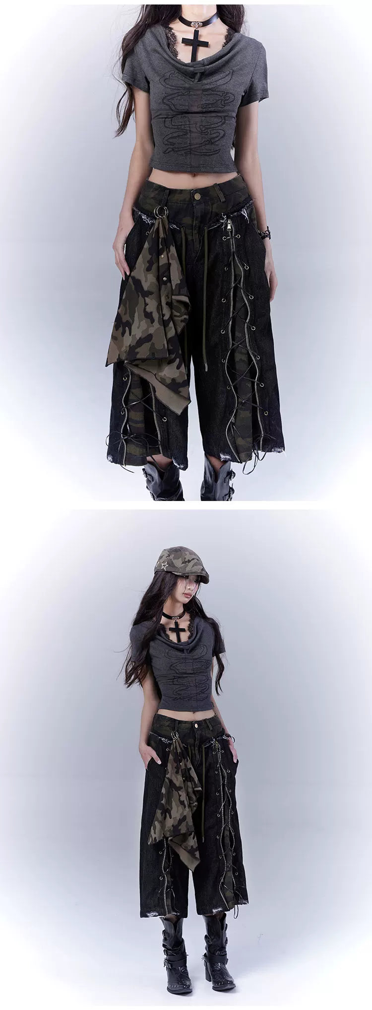 Camouflage Lace-Up Damage Cropped Denim Jeans & Scarf Set