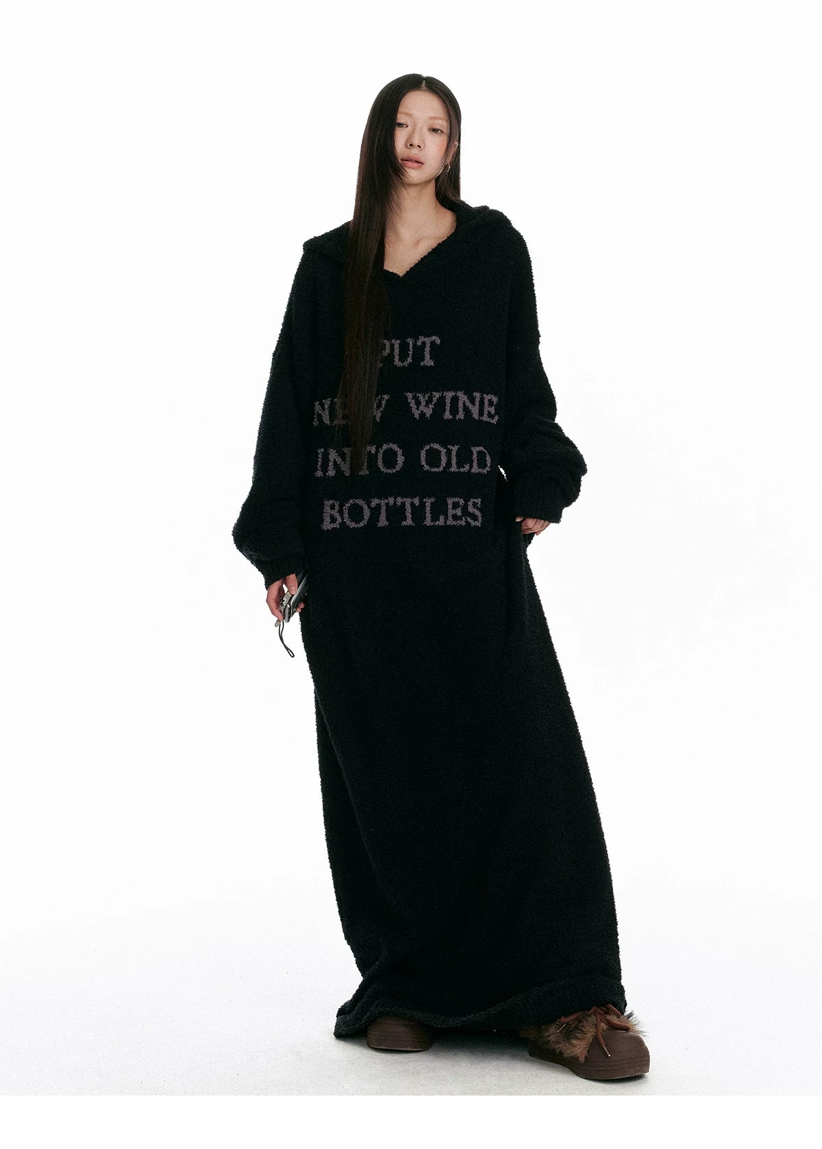 Fuzzy Hooded Knit Over-Knee Robe Dress
