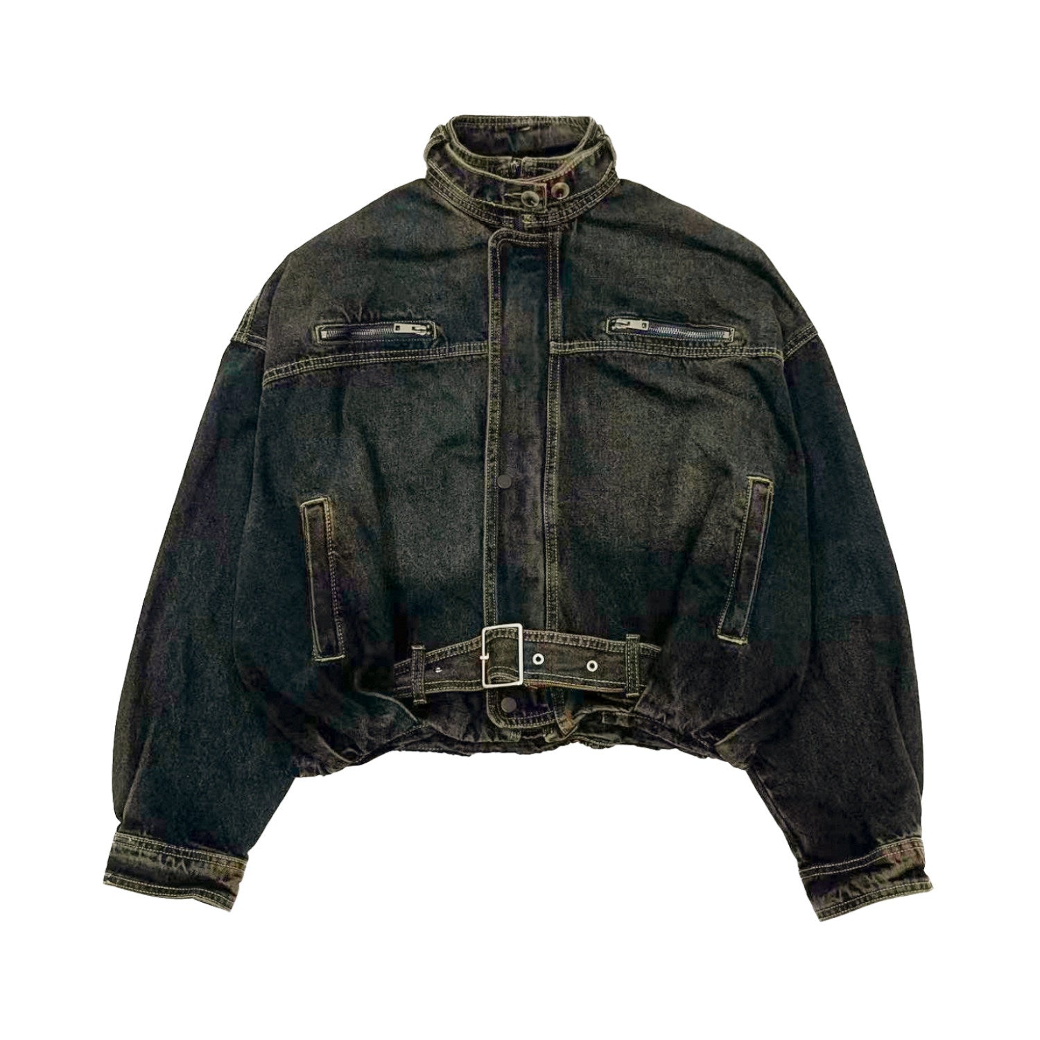 Washed Belt Detail Short Denim Jacket