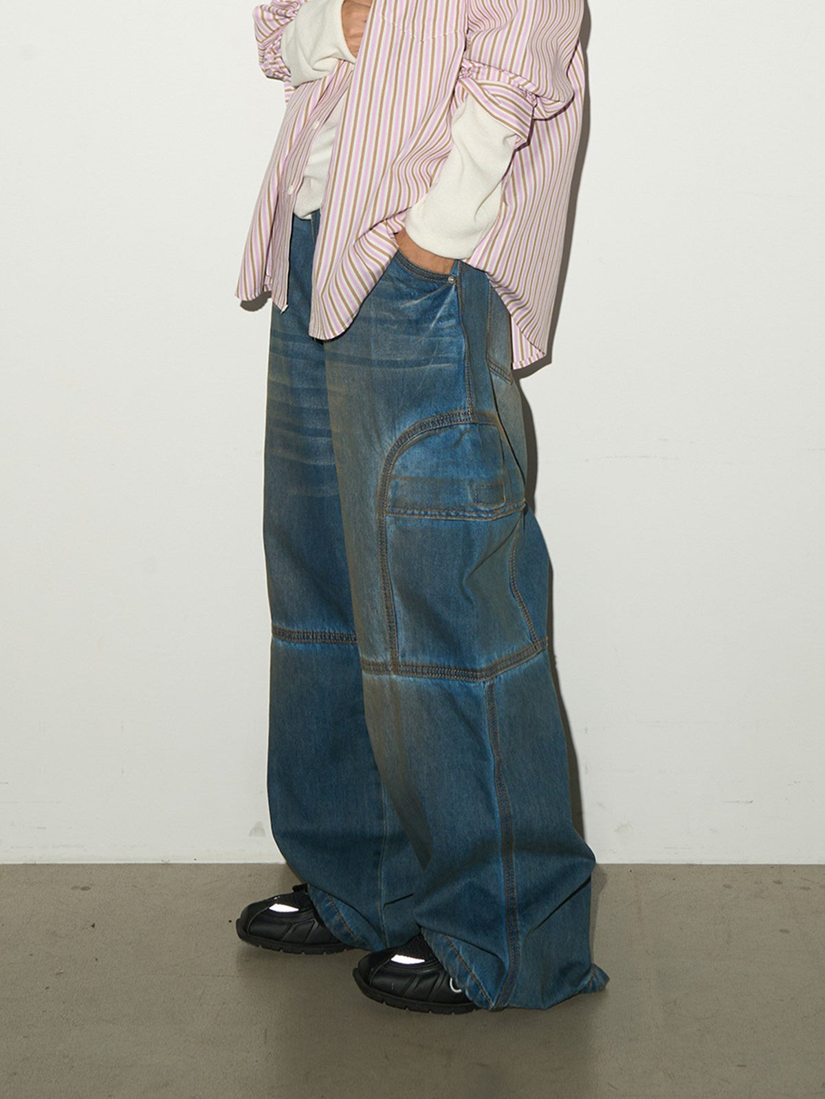 Washed Panel Strap Detail Wide Leg Denim Jeans