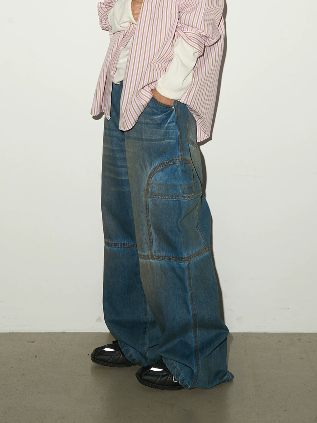 Washed Panel Strap Detail Wide Leg Denim Jeans