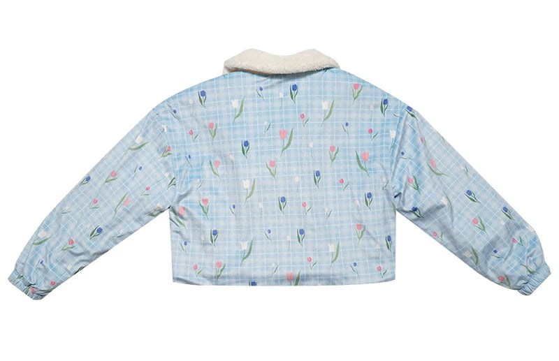 Flower Print Bow Fleece Lining Puffer Jacket