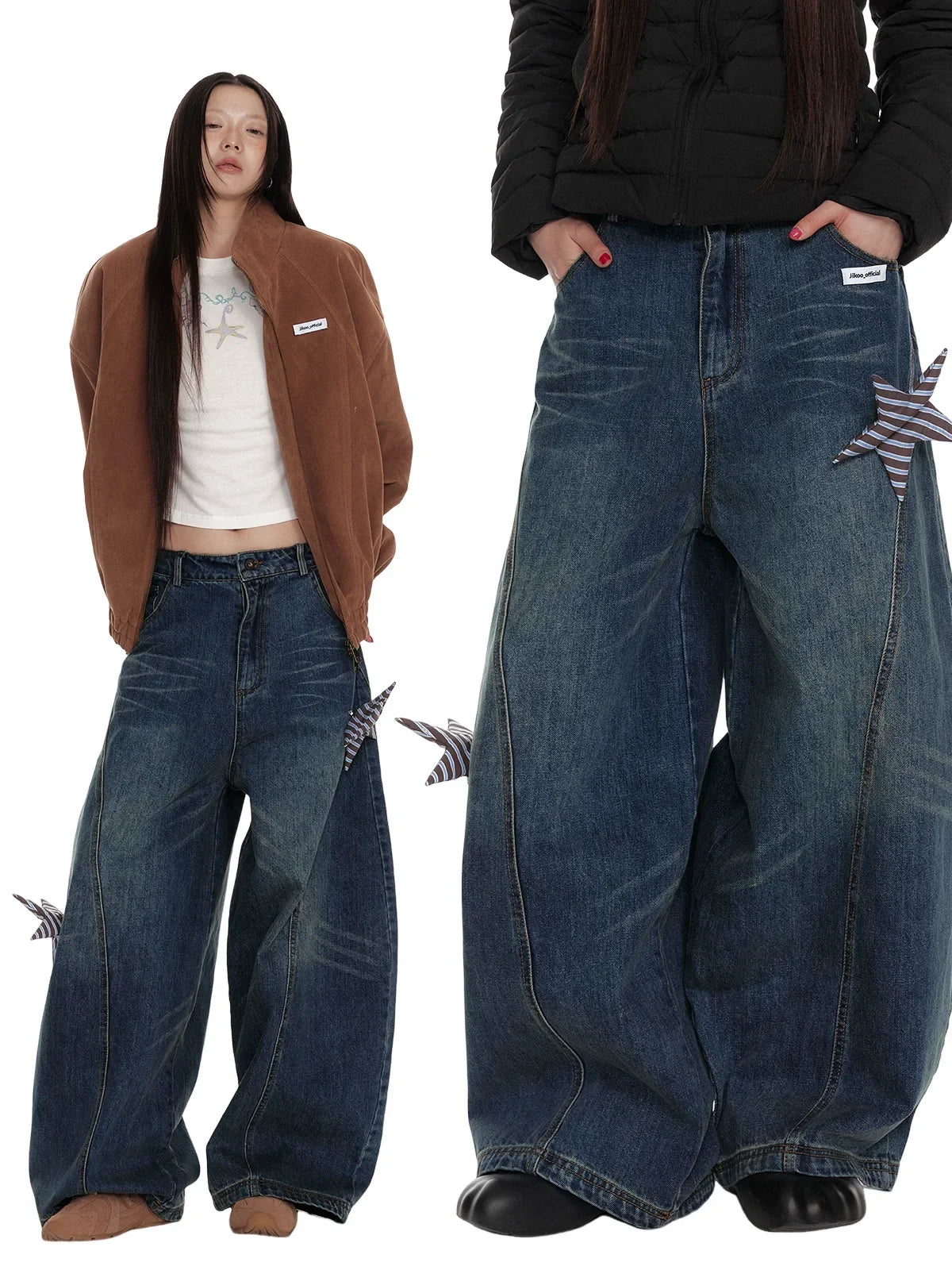 Star Patch Washed Wide-Leg Denim Jeans