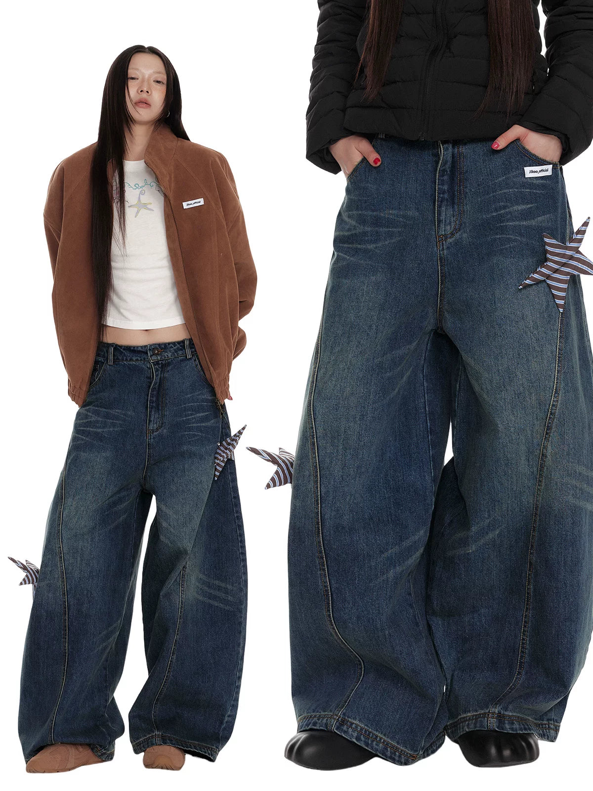 Star Patch Washed Wide-Leg Denim Jeans