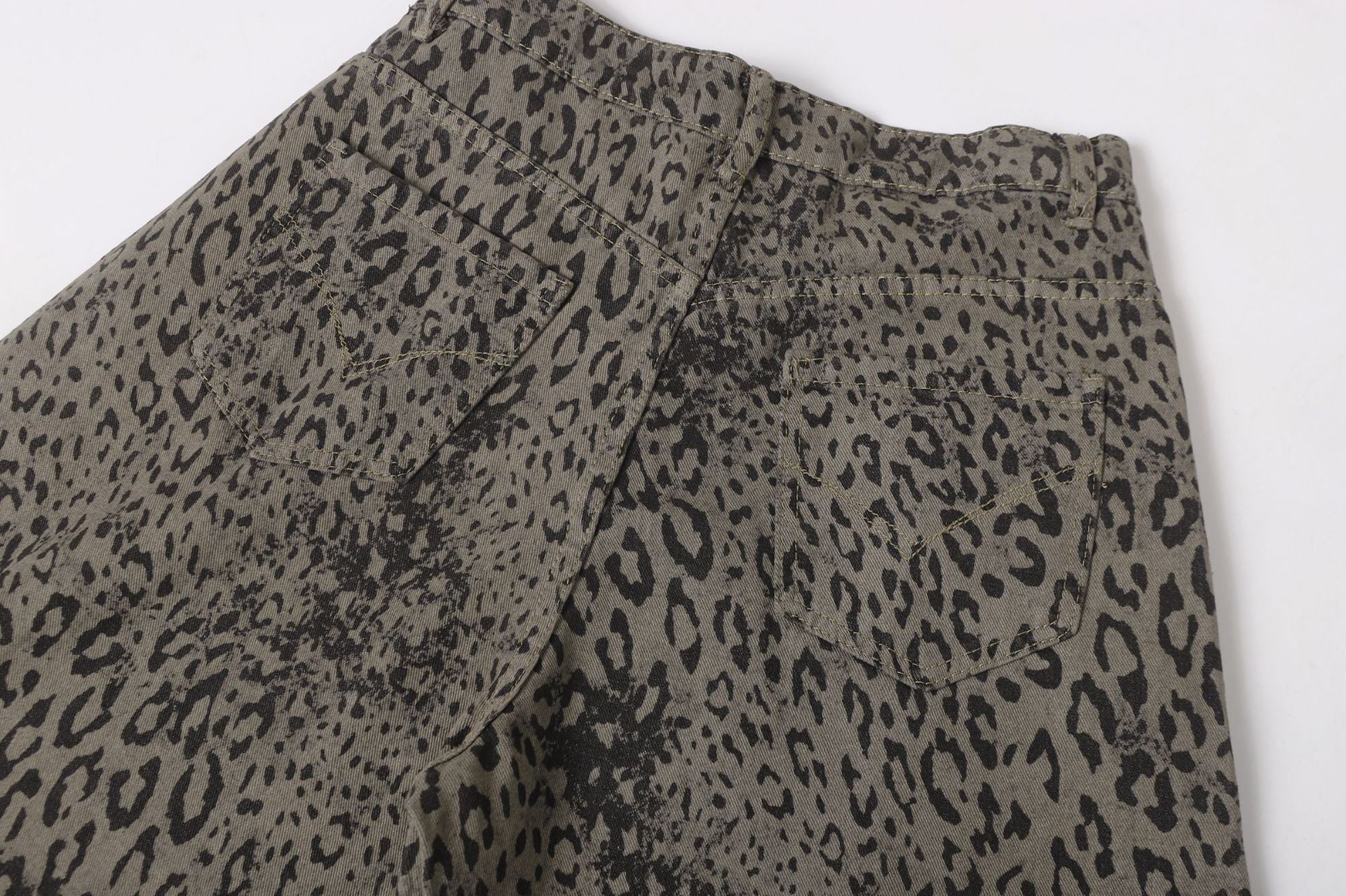 Leopard Print Curved Straight Wide Leg Denim Jeans