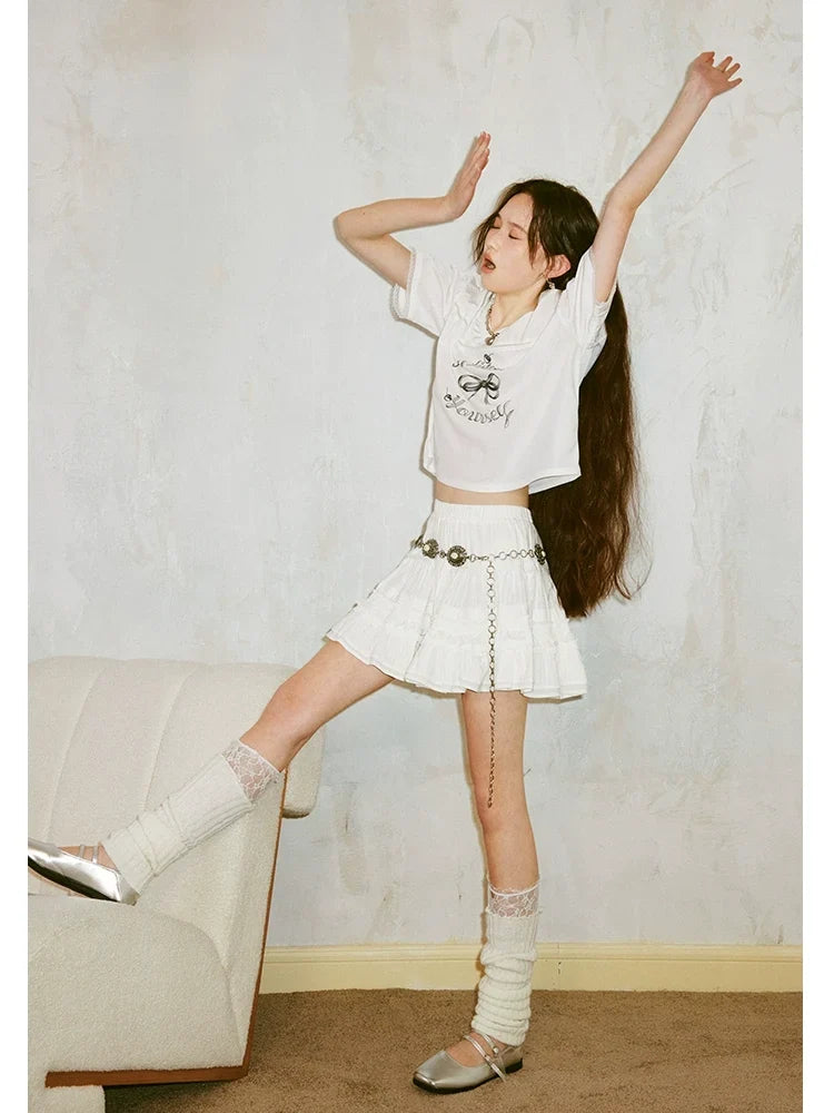 Bow Print V-Neck Short Sleeved T-Shirt
