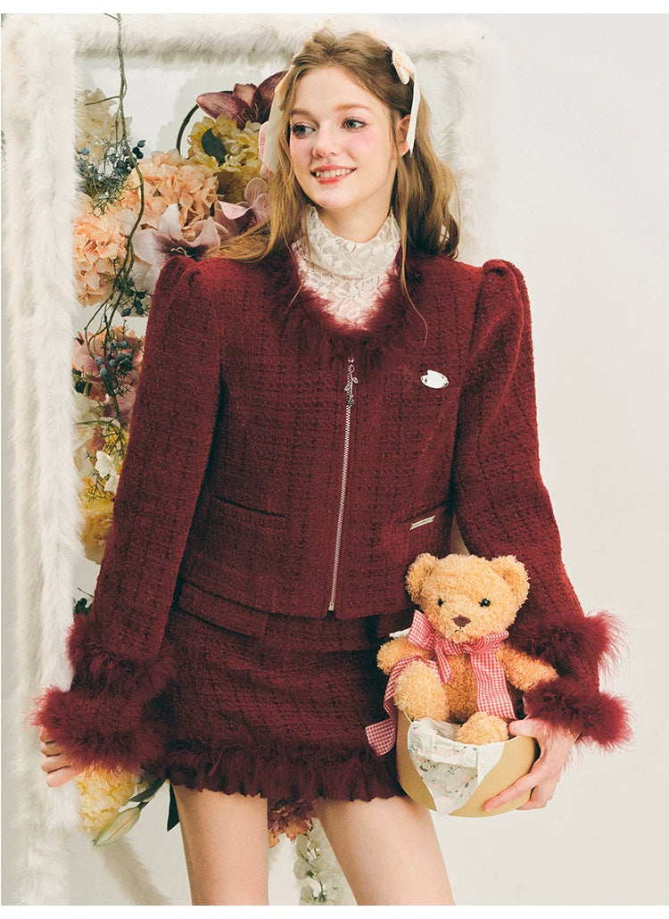 Fur Jacquard Zipper Jacket & Short Skirt Setup