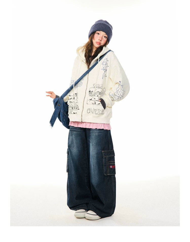 Graphic Print Oversize Zipper Hoodie