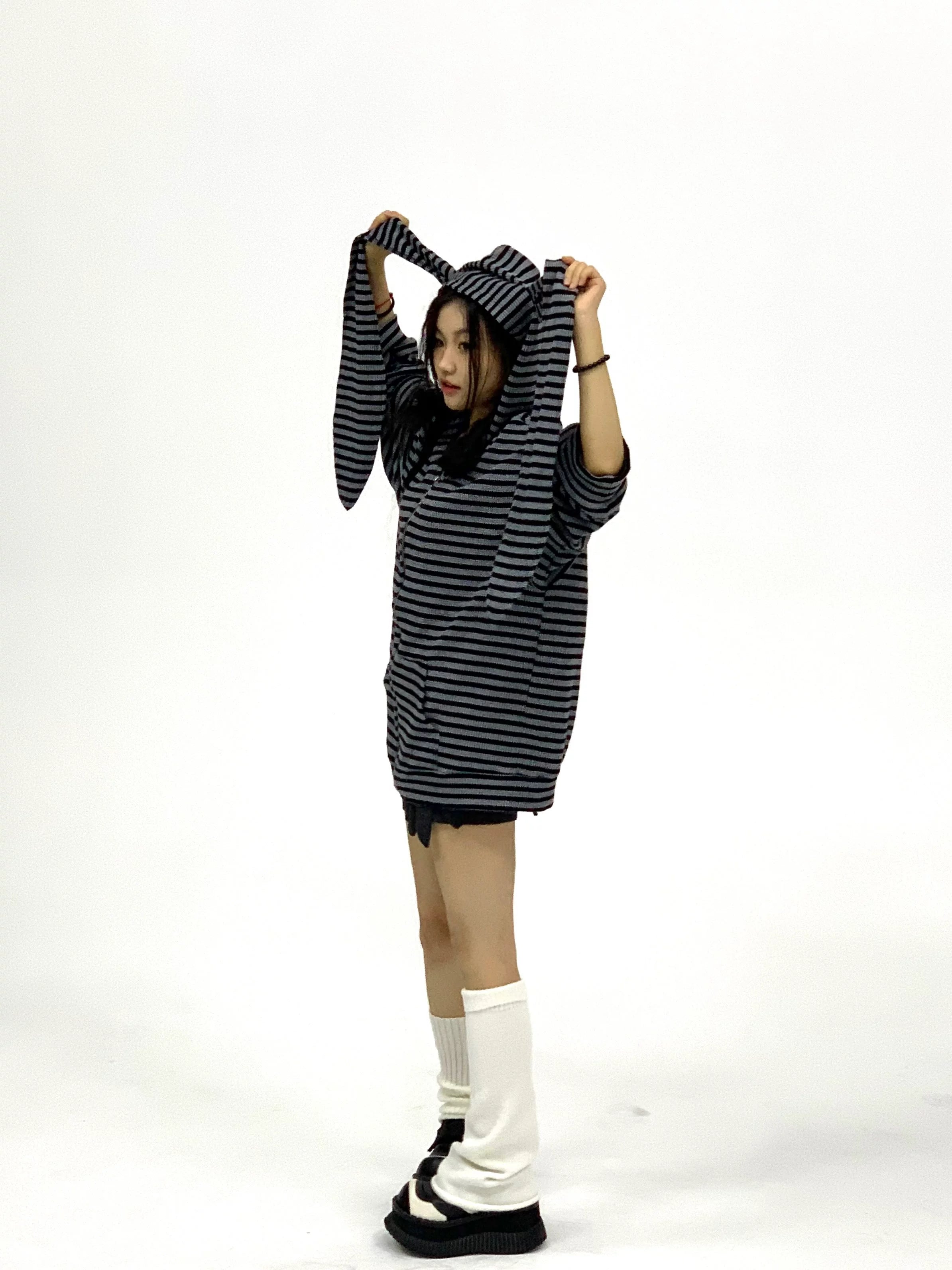 Striped Rabbit Ear Oversize Zipper Jacket & Zipper Coat