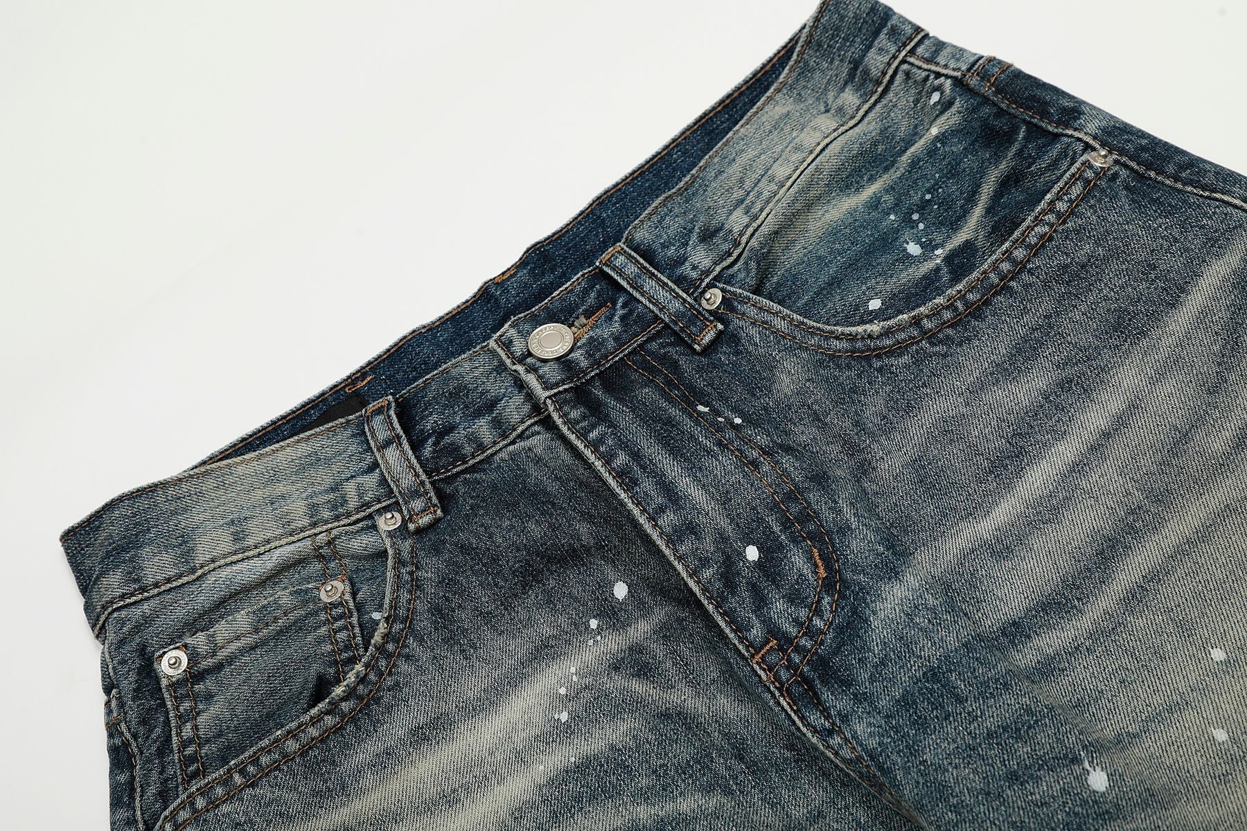 Washed Whisker Paint Splatter Curved Denim Jeans