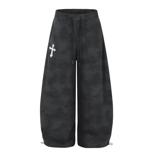 Cloud Washed Cross Embroidery Wide Leg Sweaet Pants - Black / S
