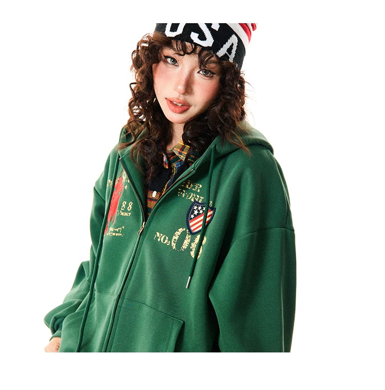 Letter Embroidery Washed Zipper Hoodie