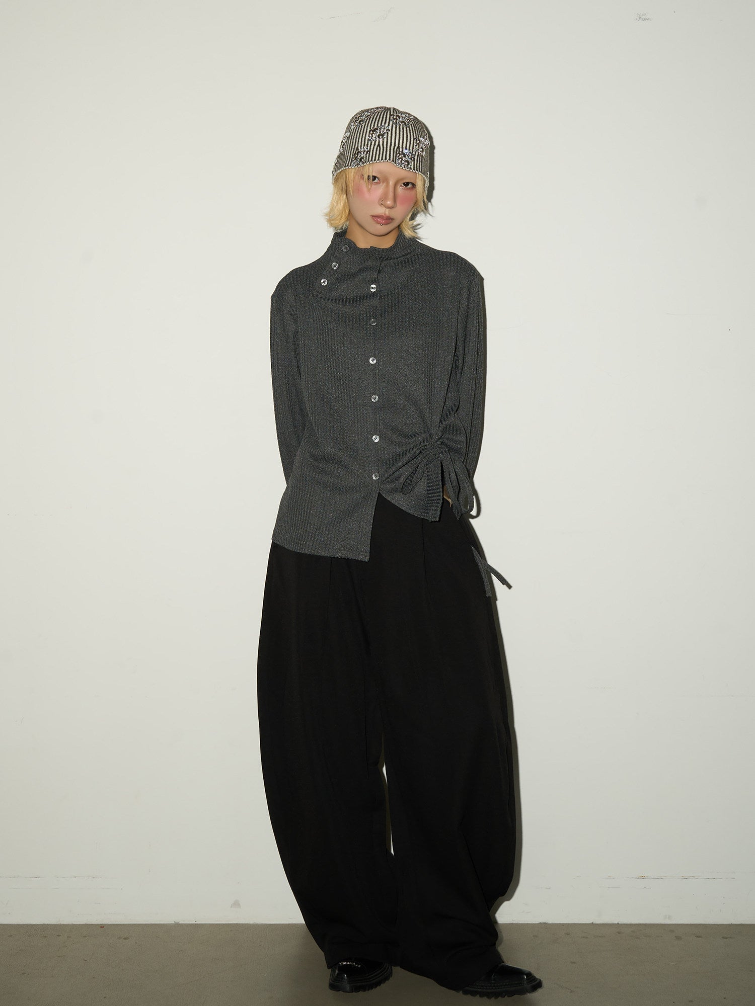 Asymmetrical Ribbed Knit Long Sleeve Shirt