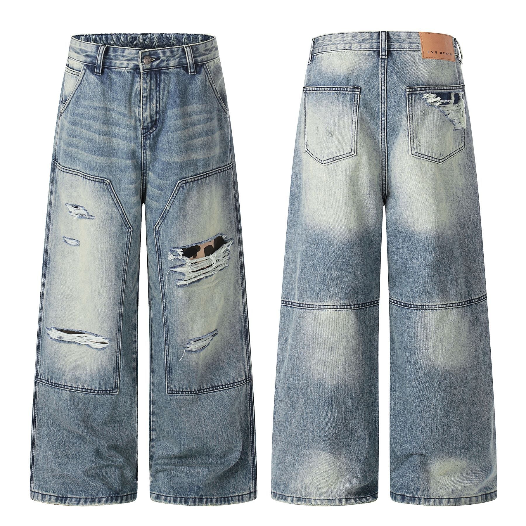 Washed Deconstruction Damage Wide Leg Denim Jeans