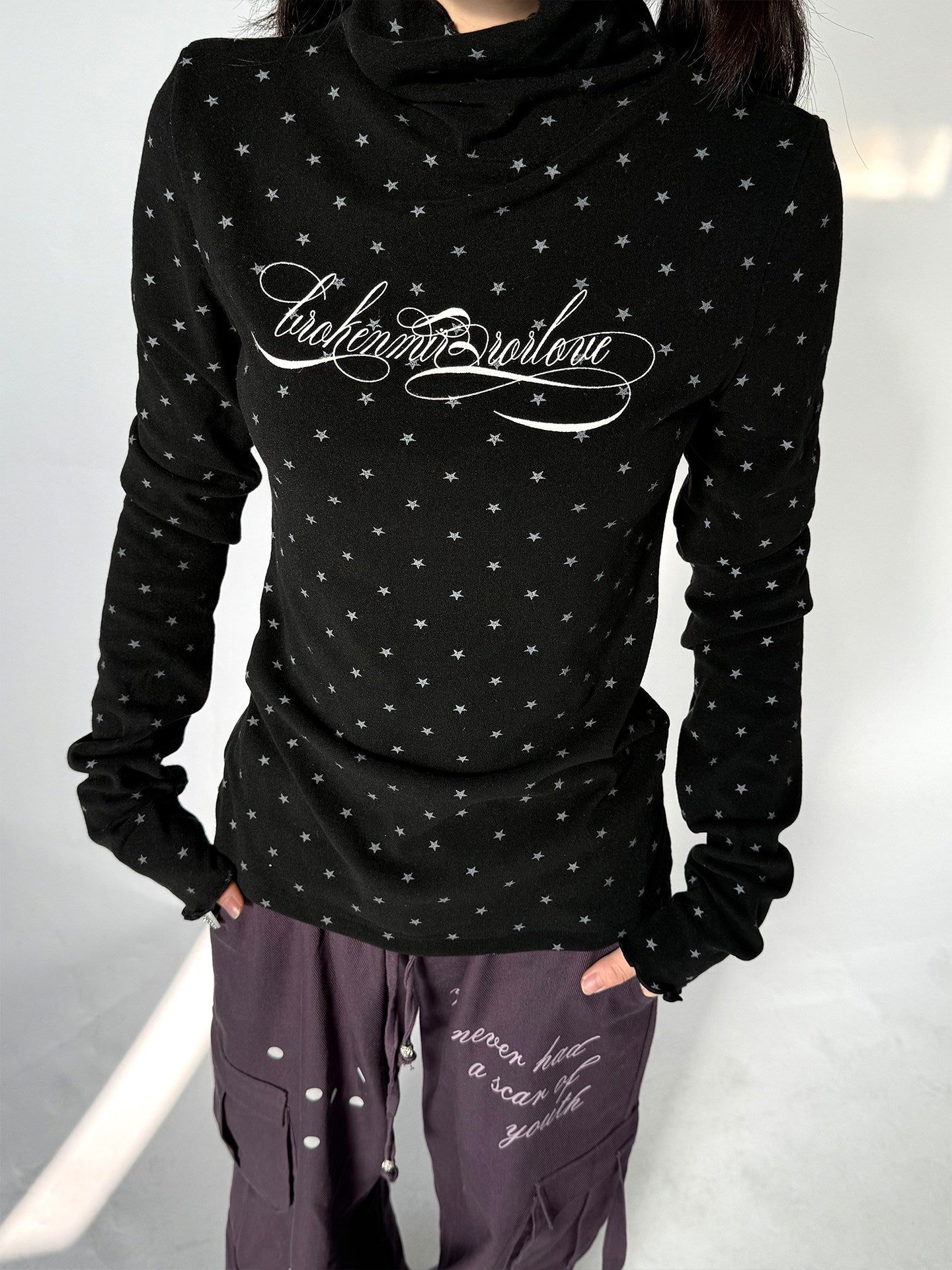 Polka Dot Print High-Neck Long Sleeve T-Shirt