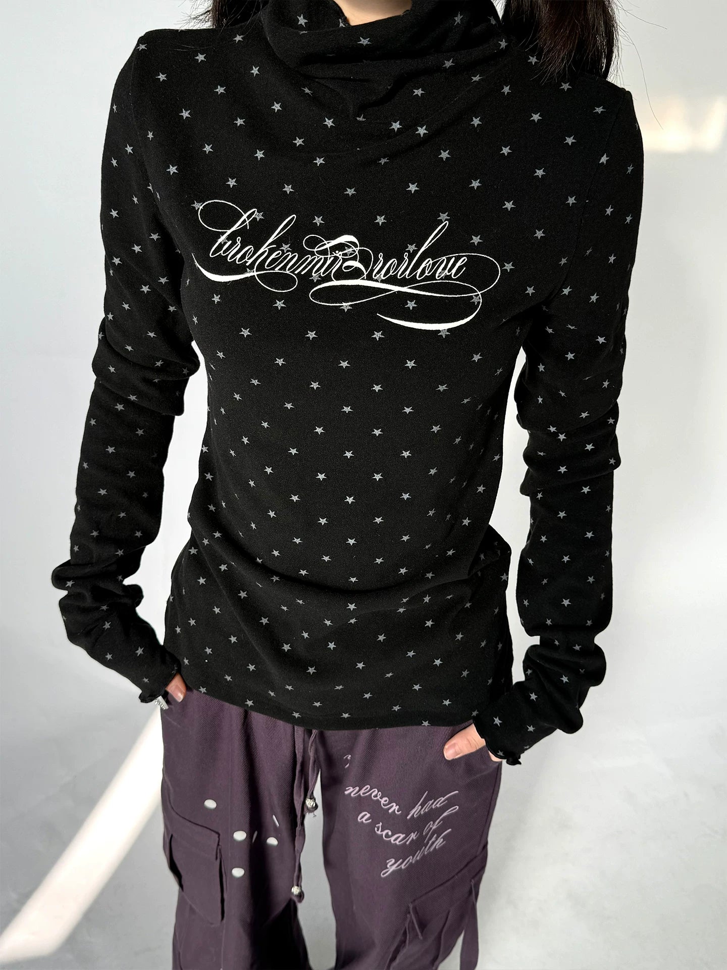 Polka Dot Print High-Neck Long Sleeve T-Shirt