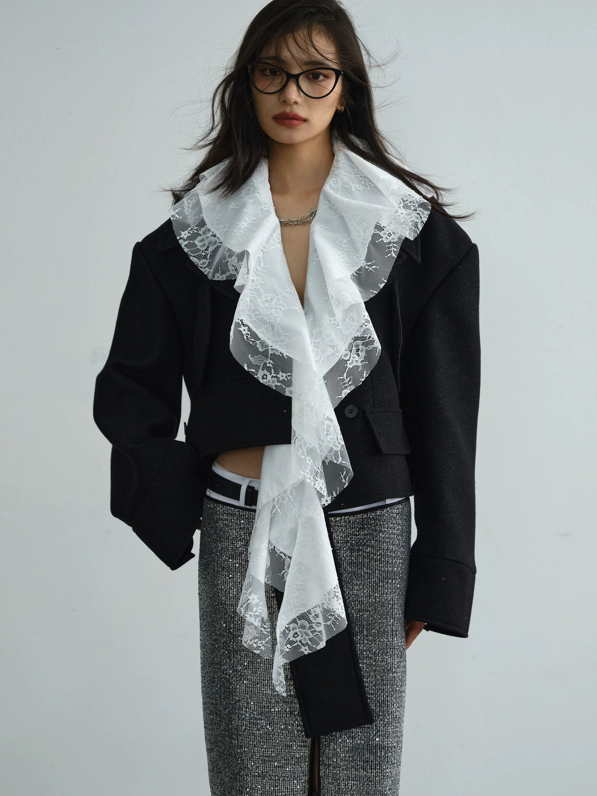 Detachable Lace Ruffle Edge Asymmetric Jacket