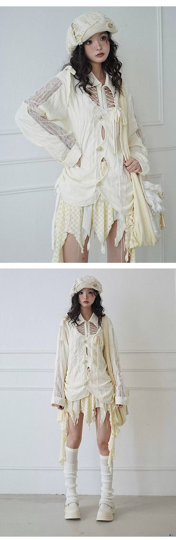 Textured Hollow-Out Tie-Strap Long Sleeve Shirt