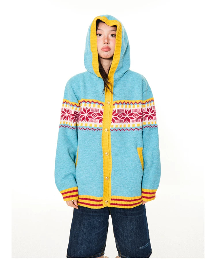 Contrast Pattern Hooded Knit Cardigan