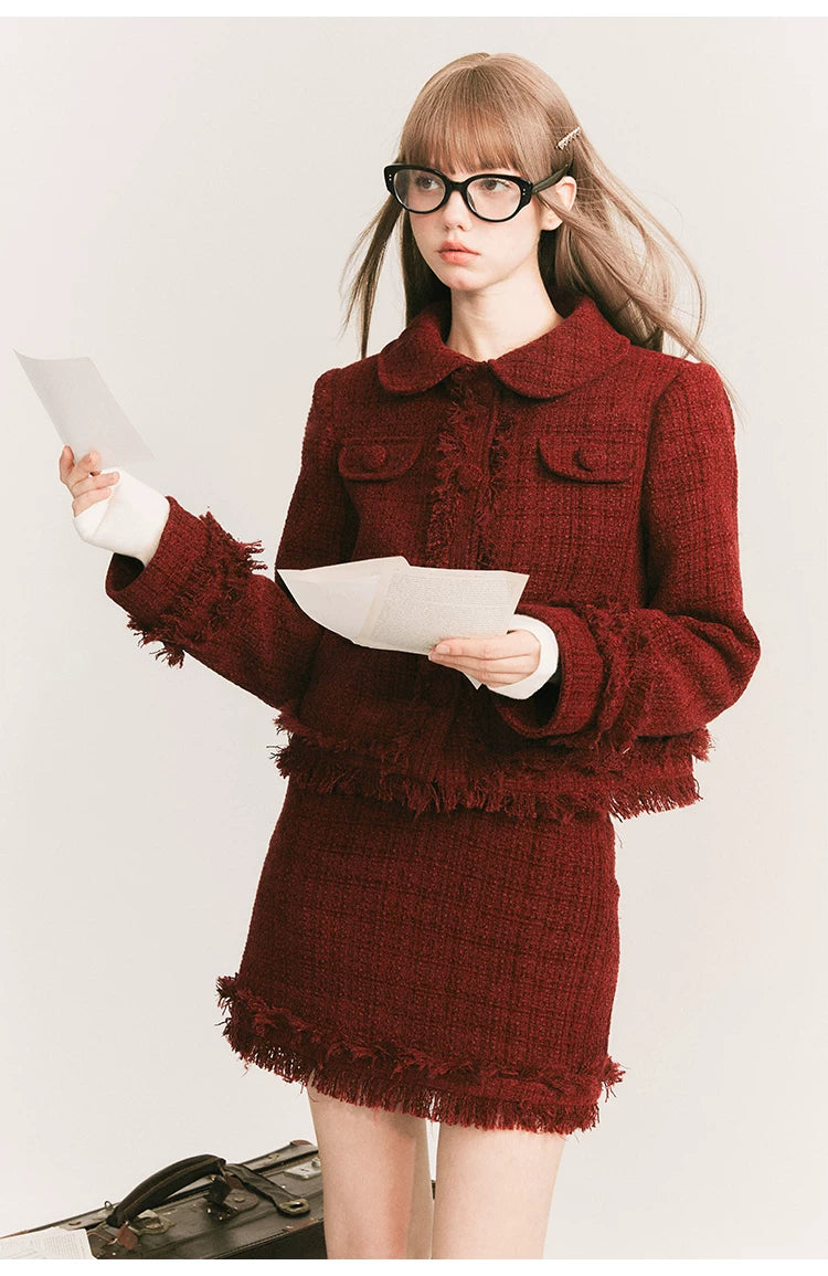 Round Collar Tweed Jacket & A-Line Tweed Skirt Setup