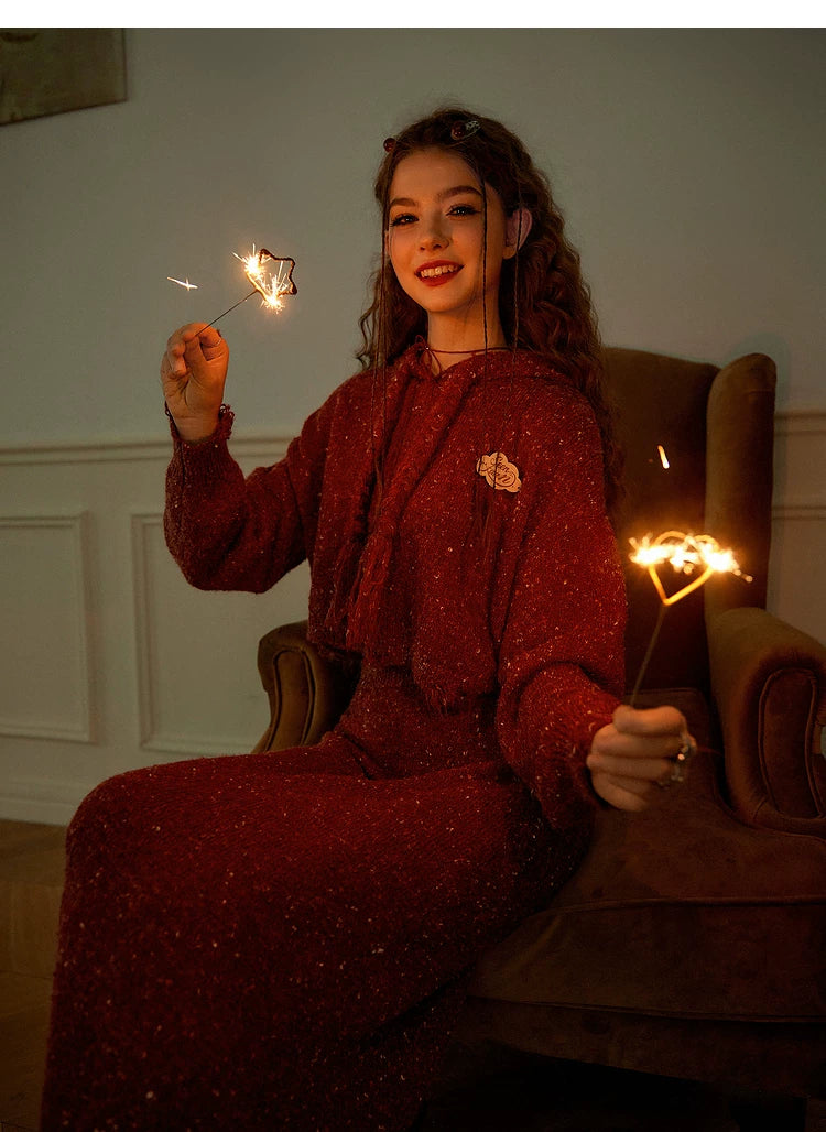 Textured Hooded Knit Sweater & Long Knit Skirt Setup