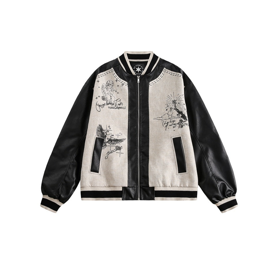 Unisex Retro With Leather sleeves Baseball Jacket