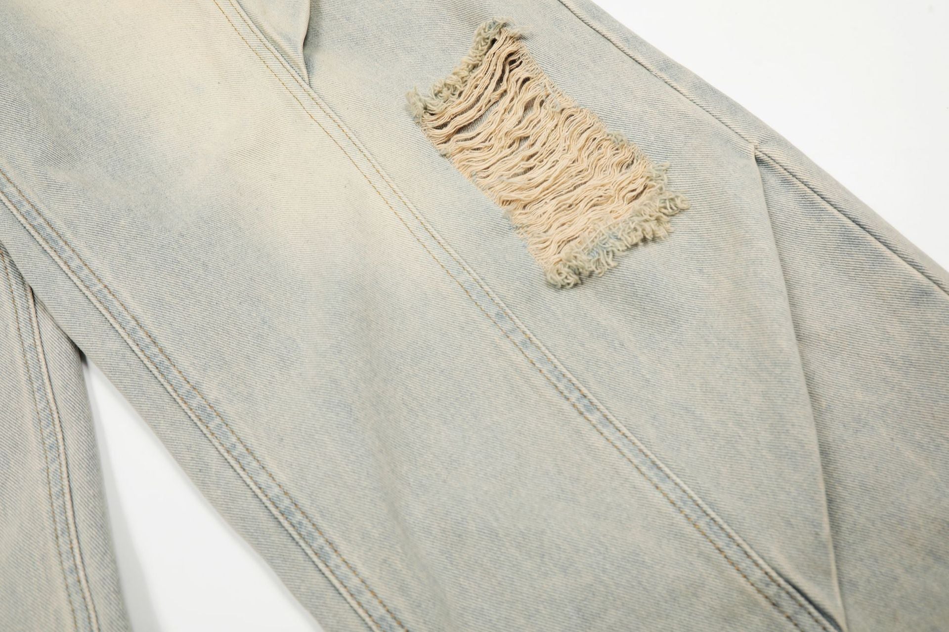 Washed Damage Curved Wide Leg Denim Jeans