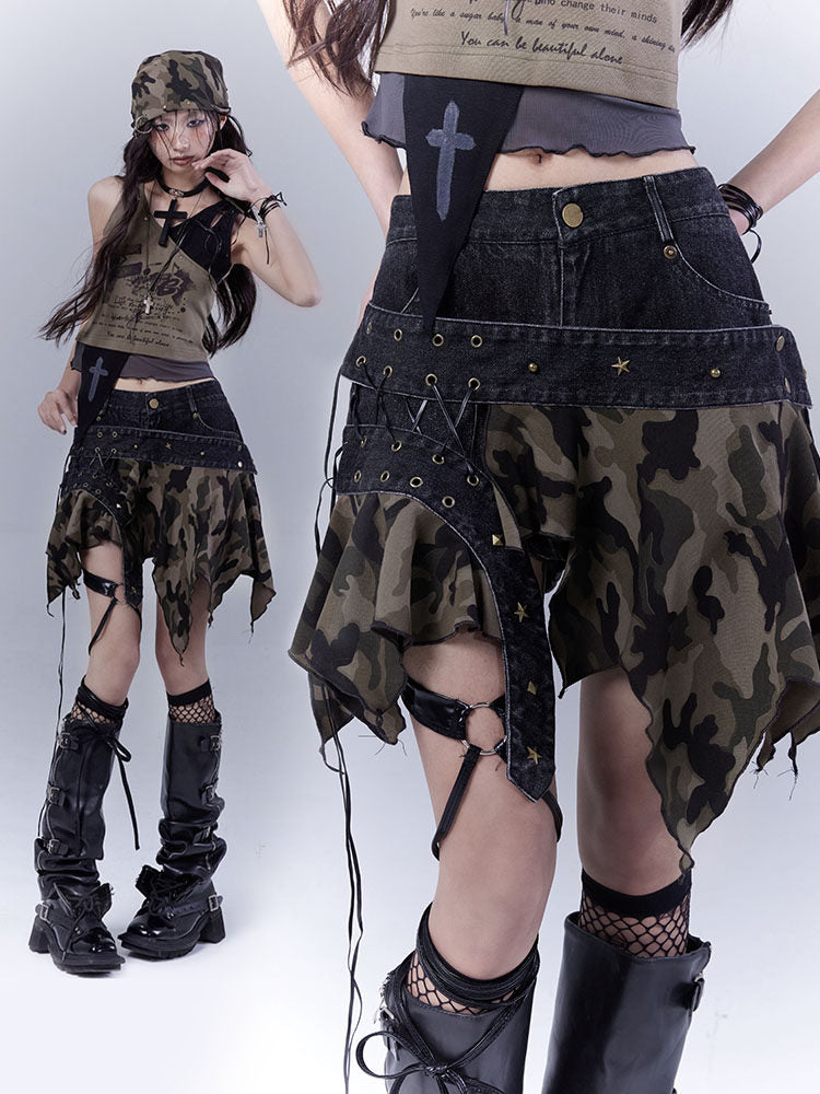 Original Design Damage Camouflage Lace-Up Short Denim Skirt