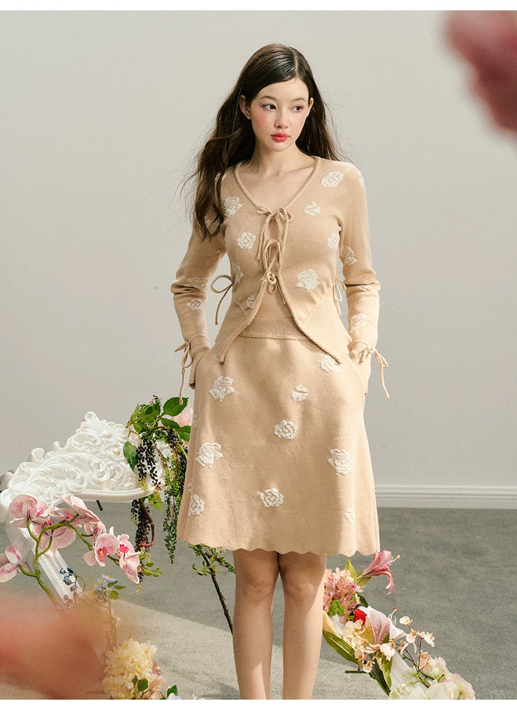 Rose Design Knit Cardigan & Knit Short Skirt Setup
