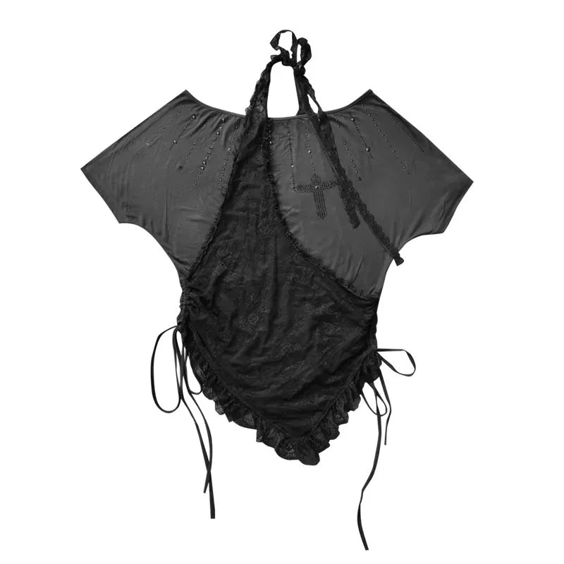 Lace Patchwork Halter Neck Rhinestone Oversize Short Sleeve T-Shirt