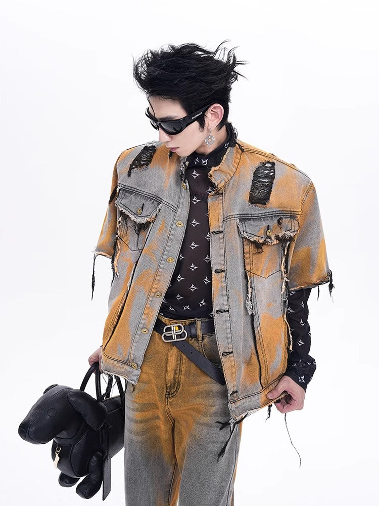 Gradient Short Sleeve Damage Denim Shirt Jacket & Micro Flare Denim Jeans Setup