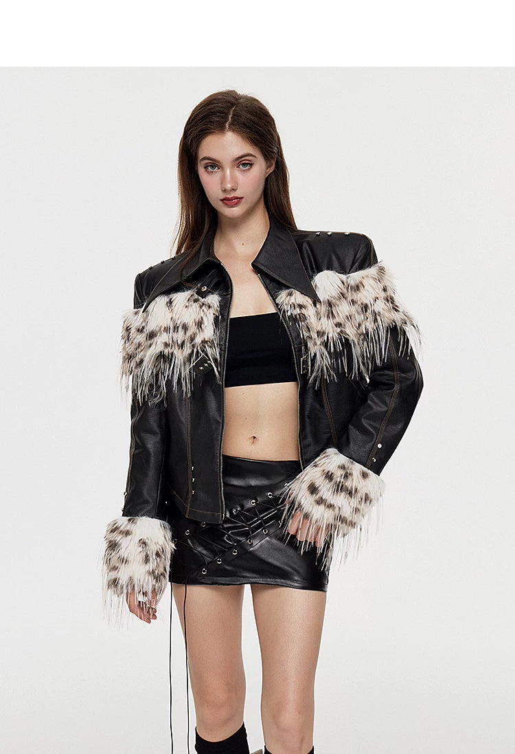Fake Fur Patchwork Lined Thick PU Leather Jacket