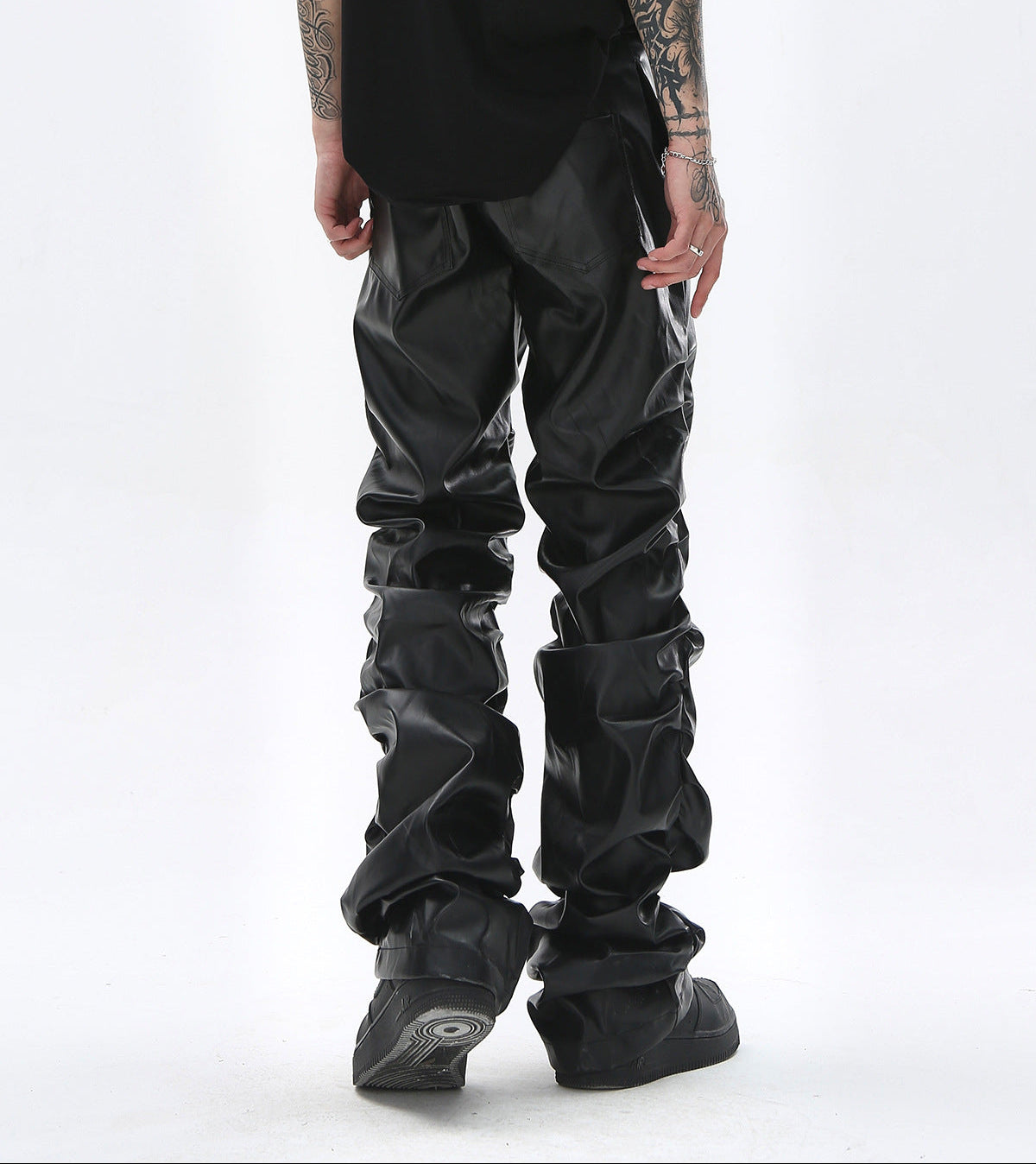 PU Leather Pleats Straight Pants