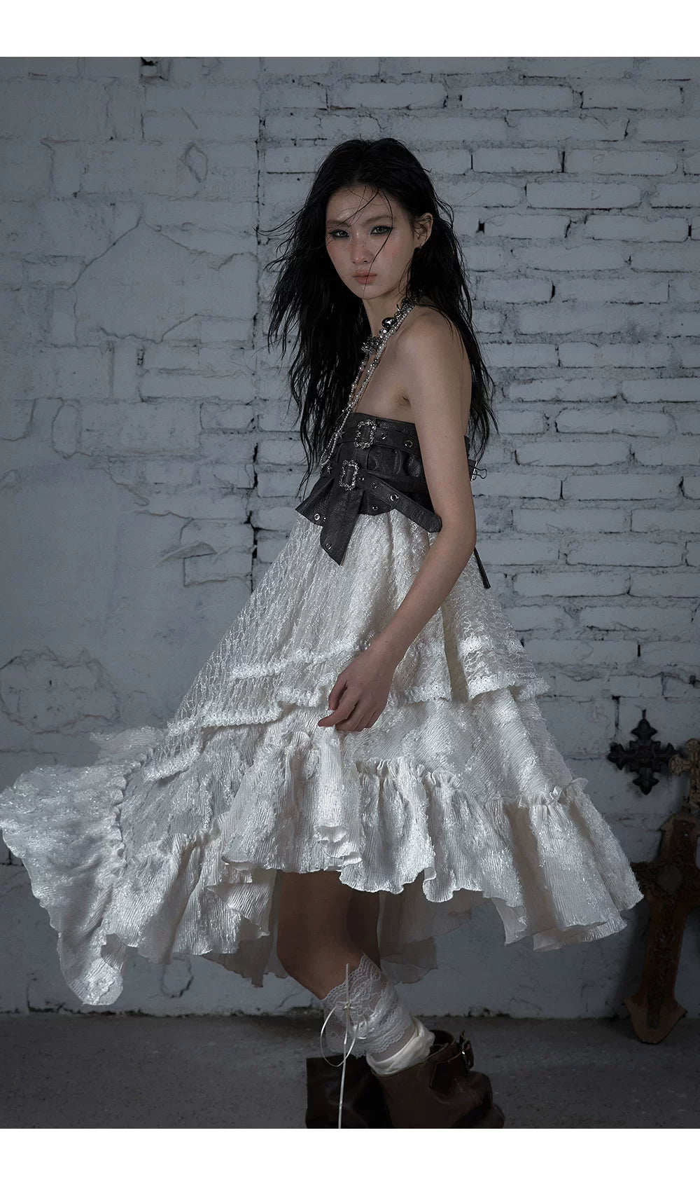 Asymmetric Lace Layered Belt Detail Skirt