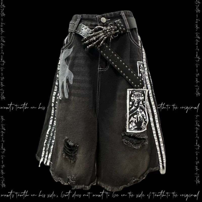 Side Stripe Damage Patch Wide Leg Half Denim Jeans & Skull Belt