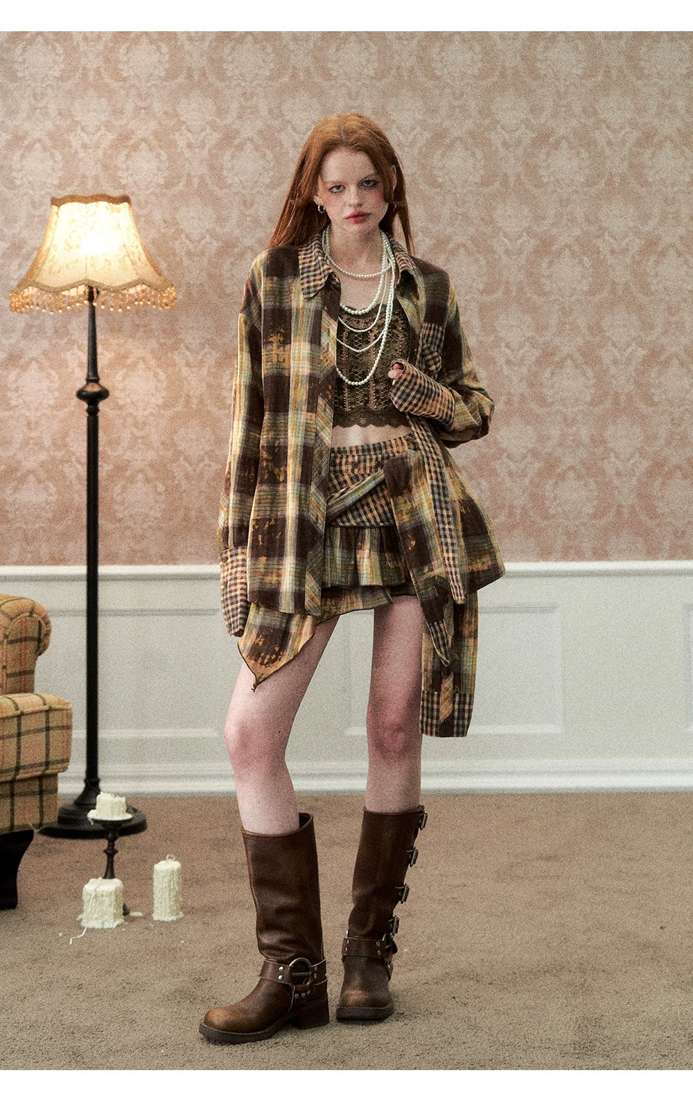 Oversize Plaid Long Sleeve Shirt & Short Skirt & Scarf Setup