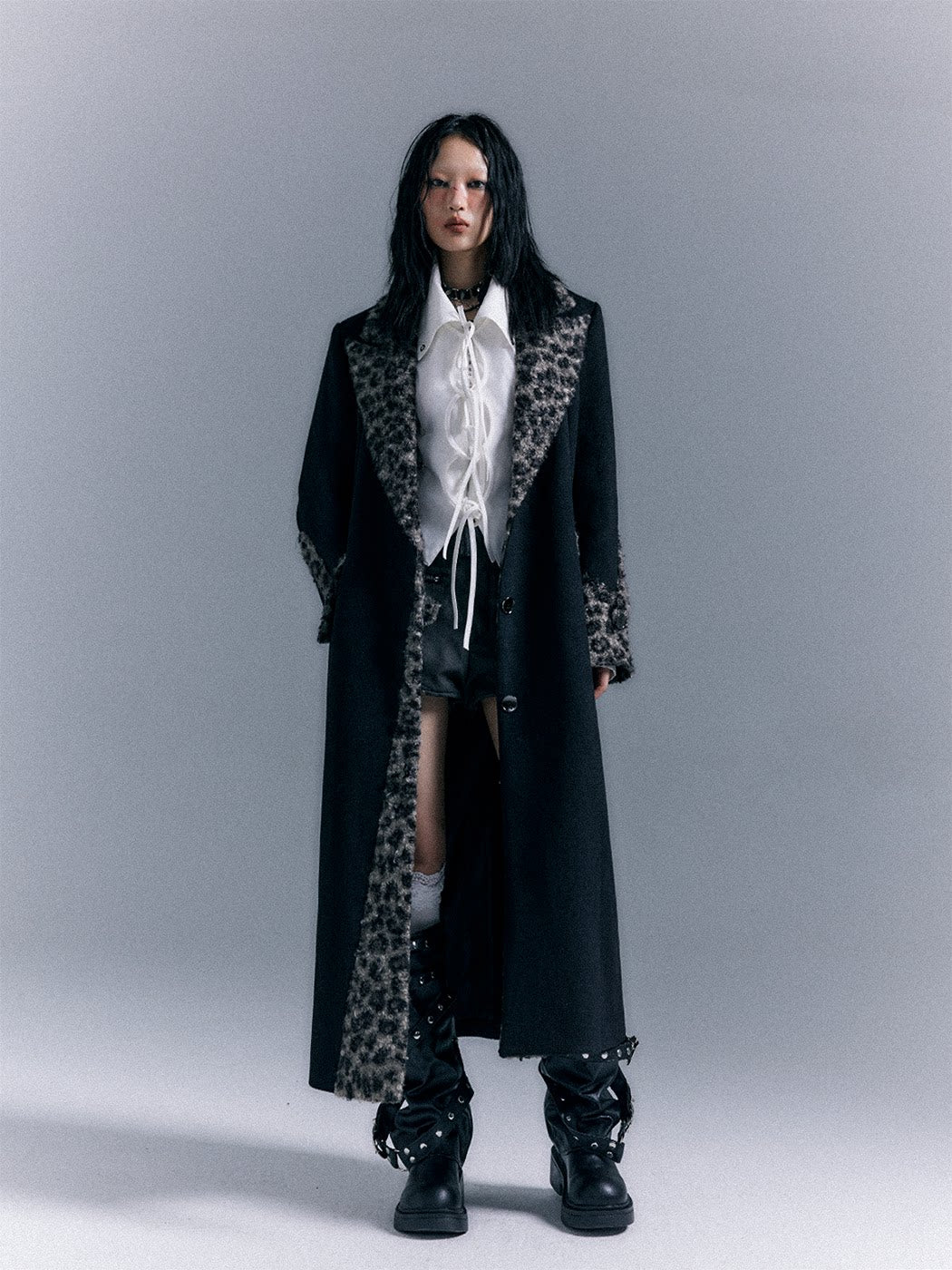 Shoulder Pad Leopard Print Patchwork Wool Coat