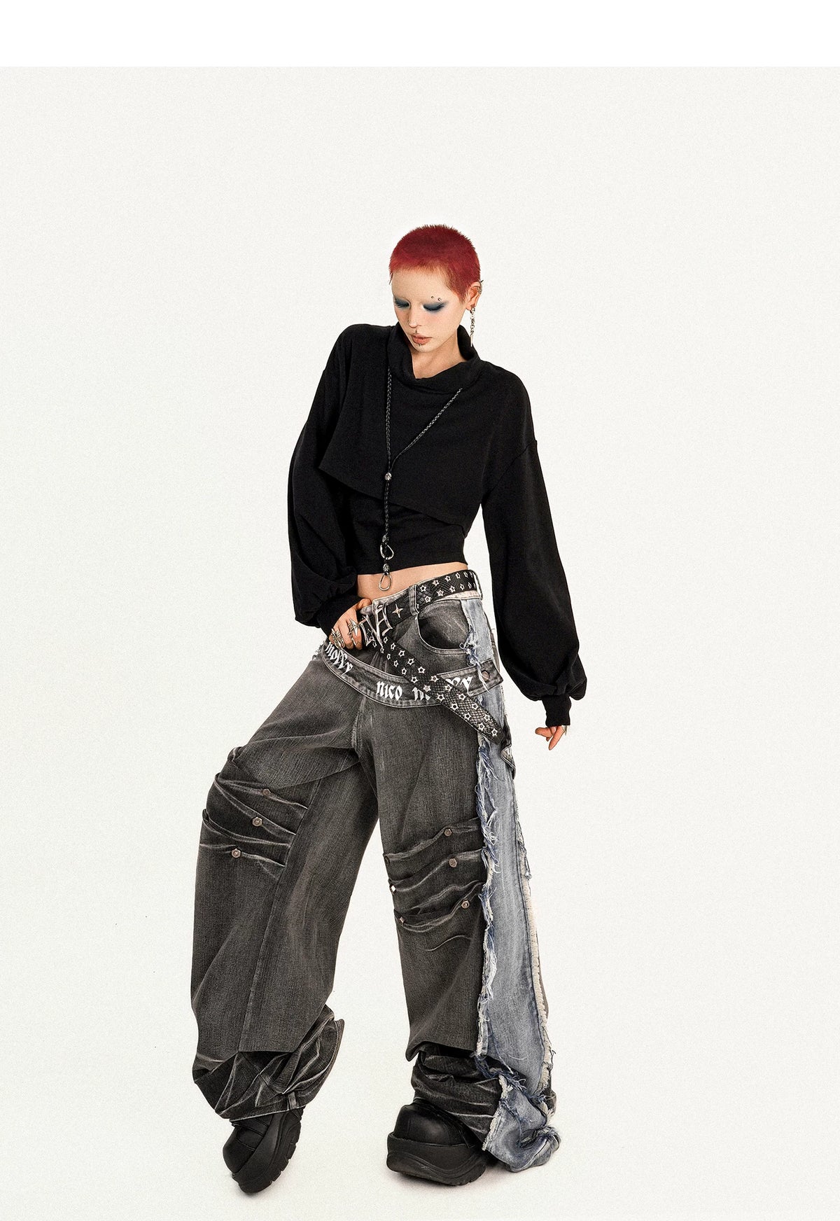Damage Wash Raw Hem Wide Leg Denim Jeans