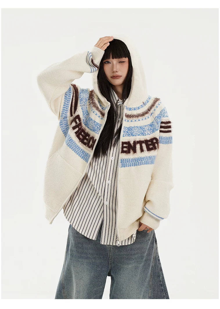 Fair Isle Hooded Detachable Fur Collar Knit Cardigan