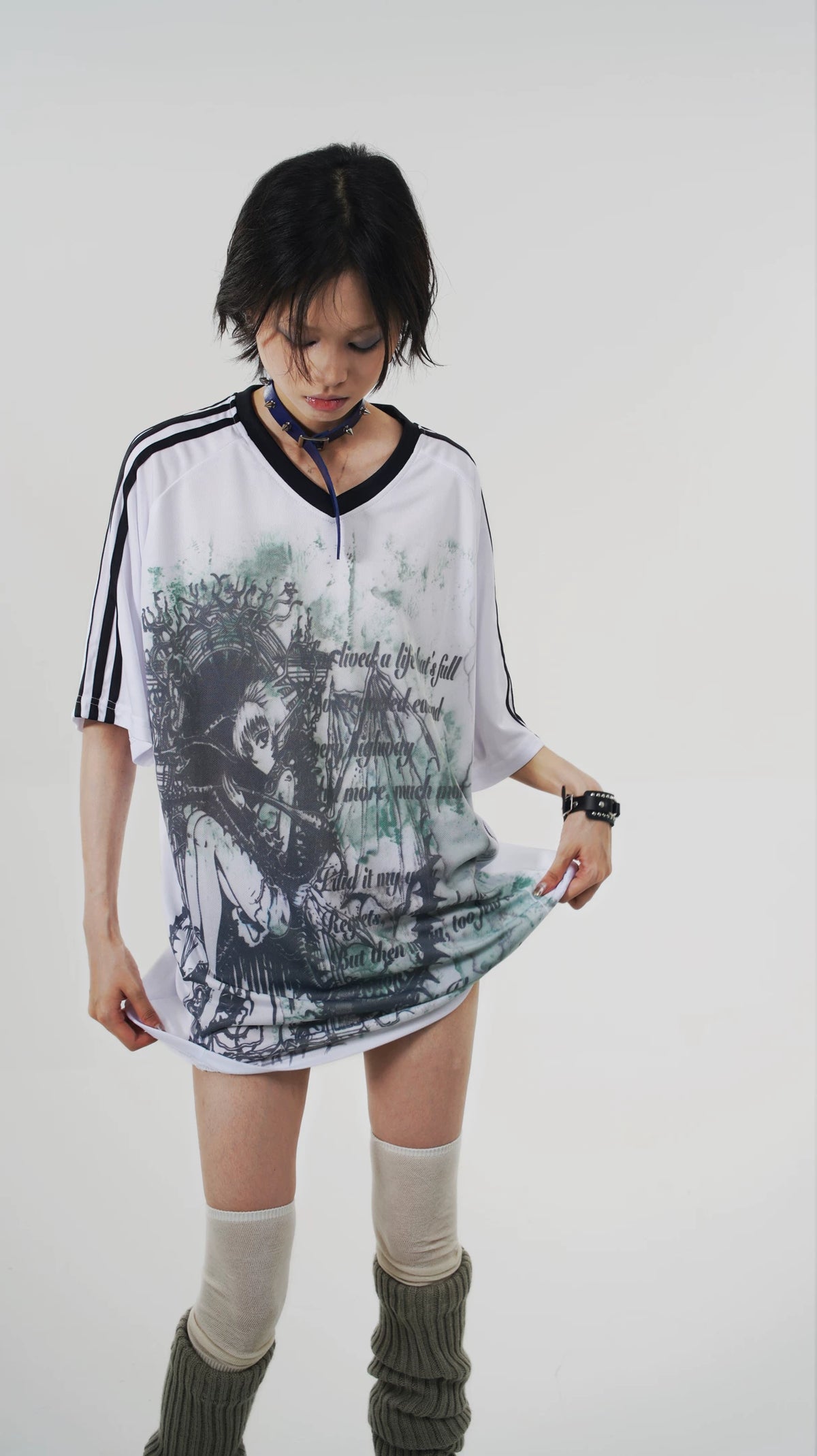 Anime Print Oversize V-Neck Short Sleeve T-Shirt