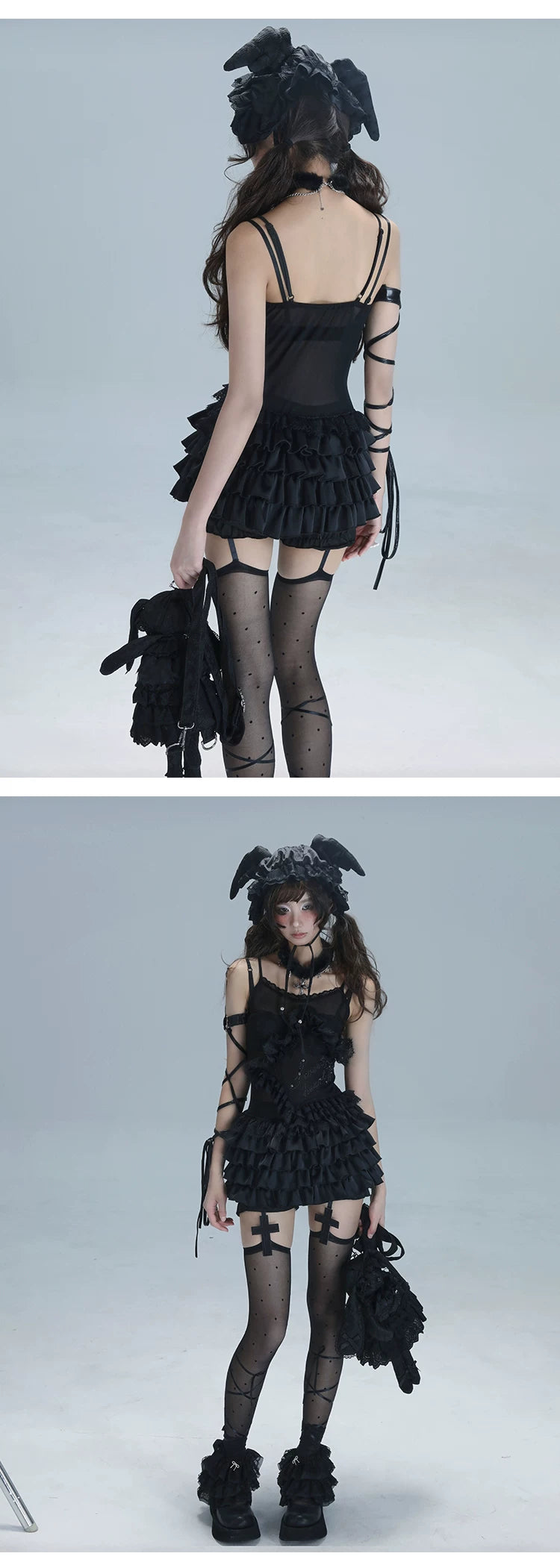 Lace Spaghetti Strap Tiered Ruffle Oversize Short Dress & Underwear Set