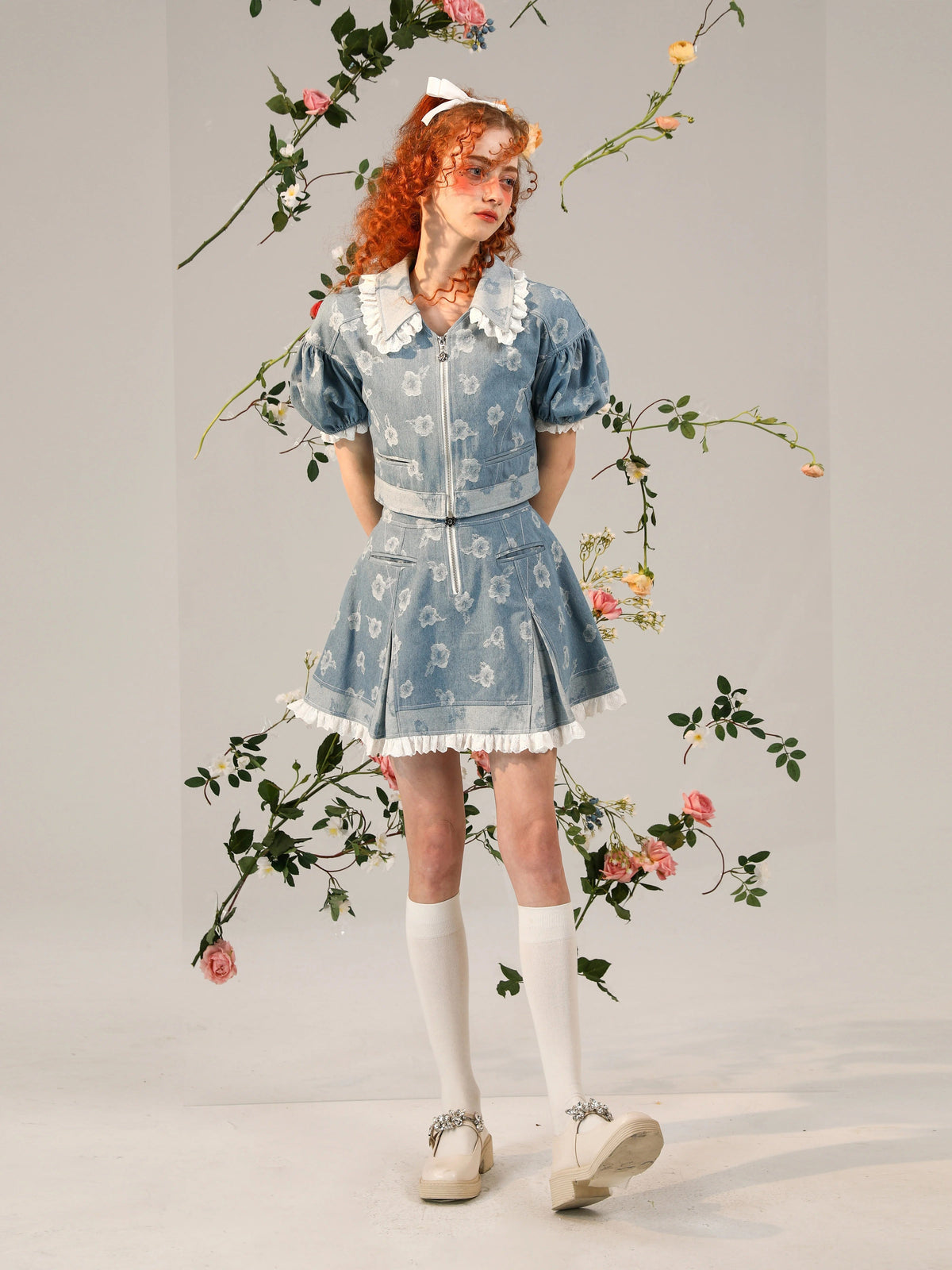 Floral Short Sleeve Jacket & Ruffle Hem Short Skirt Setup